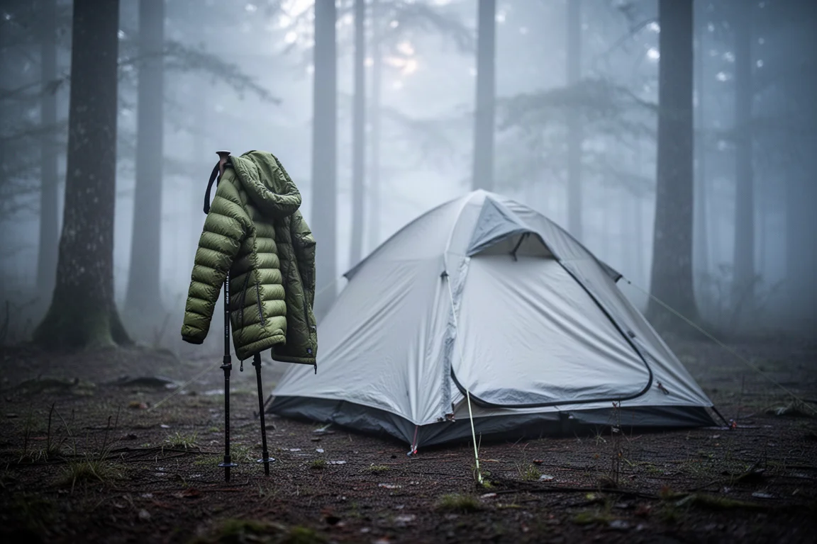 Ocieplana kurtka przewieszona przez kij trekkingowy obok namiotu w zamglonym lesie