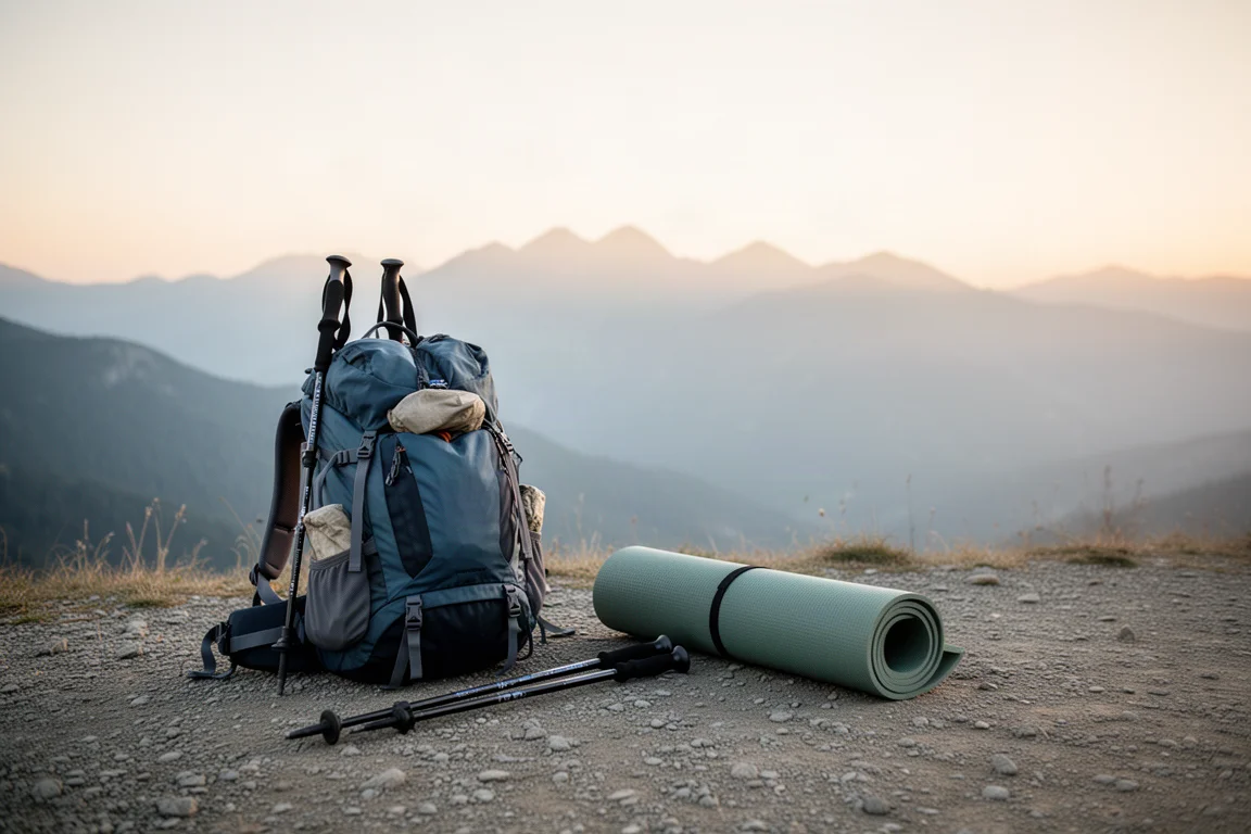 Plecak i kije trekkingowe przygotowane na żwirowym początku szlaku o świcie