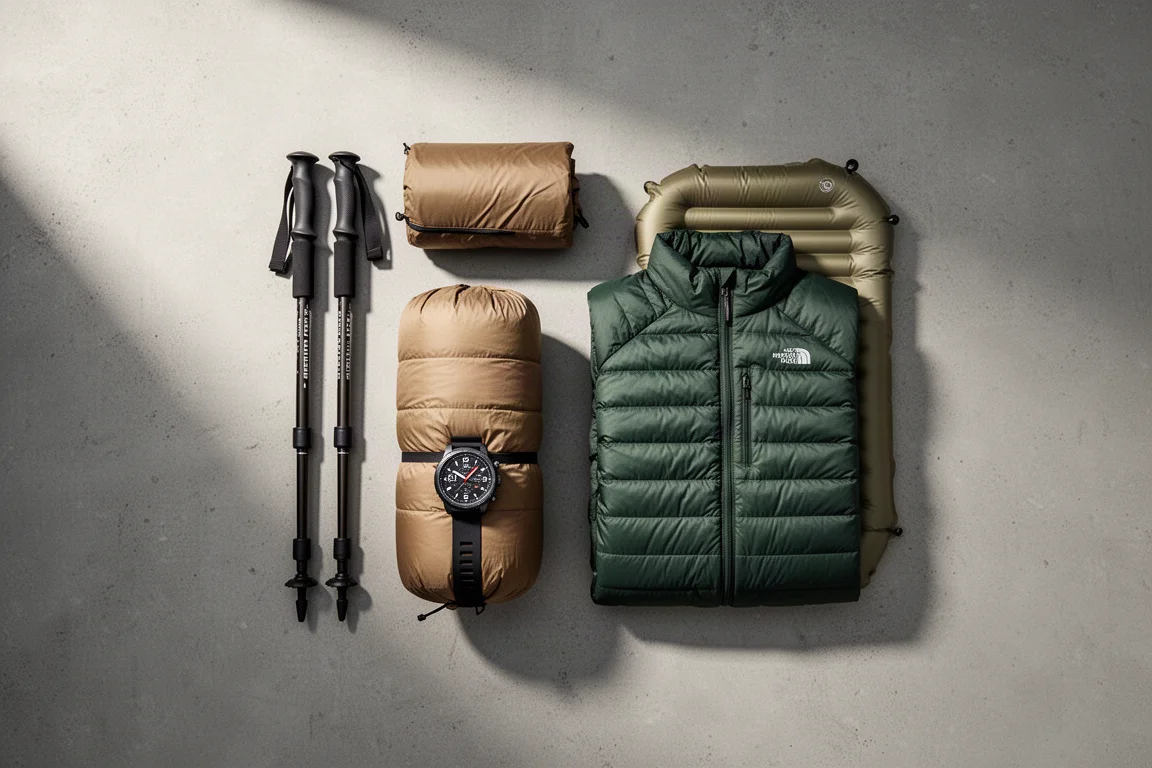 Overhead flat lay of backpacking gear on a concrete surface
