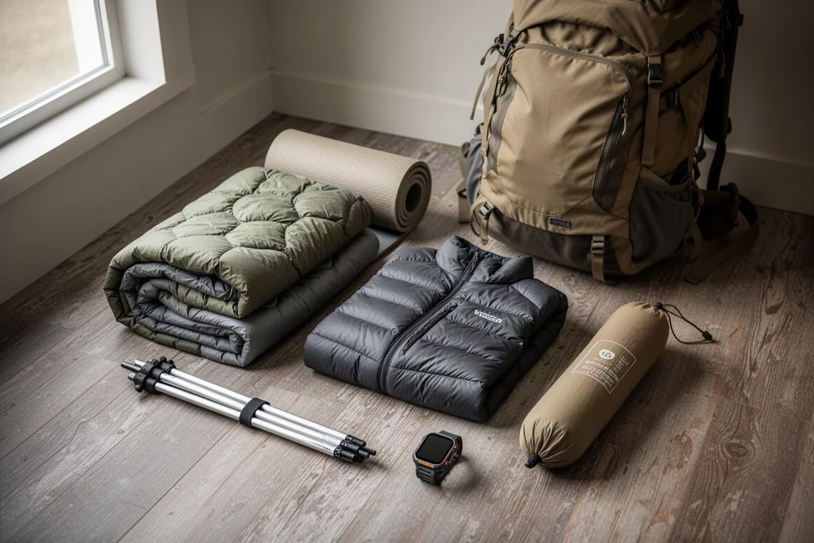 Backpacking gear laid out on a wooden floor beside a packed backpack