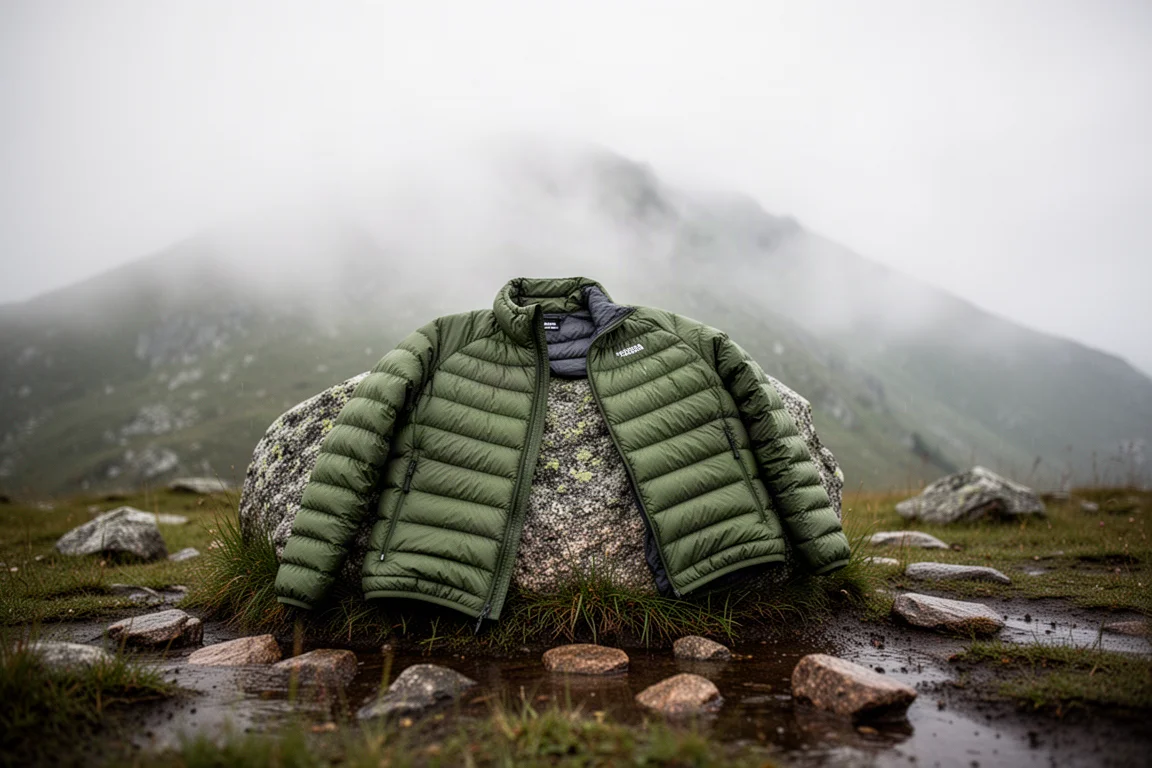 Lightweight insulated jacket draped over a boulder at a damp alpine campsite