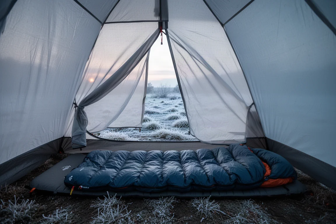 Sleeping pad and quilt inside a single-wall tent at cold dawn