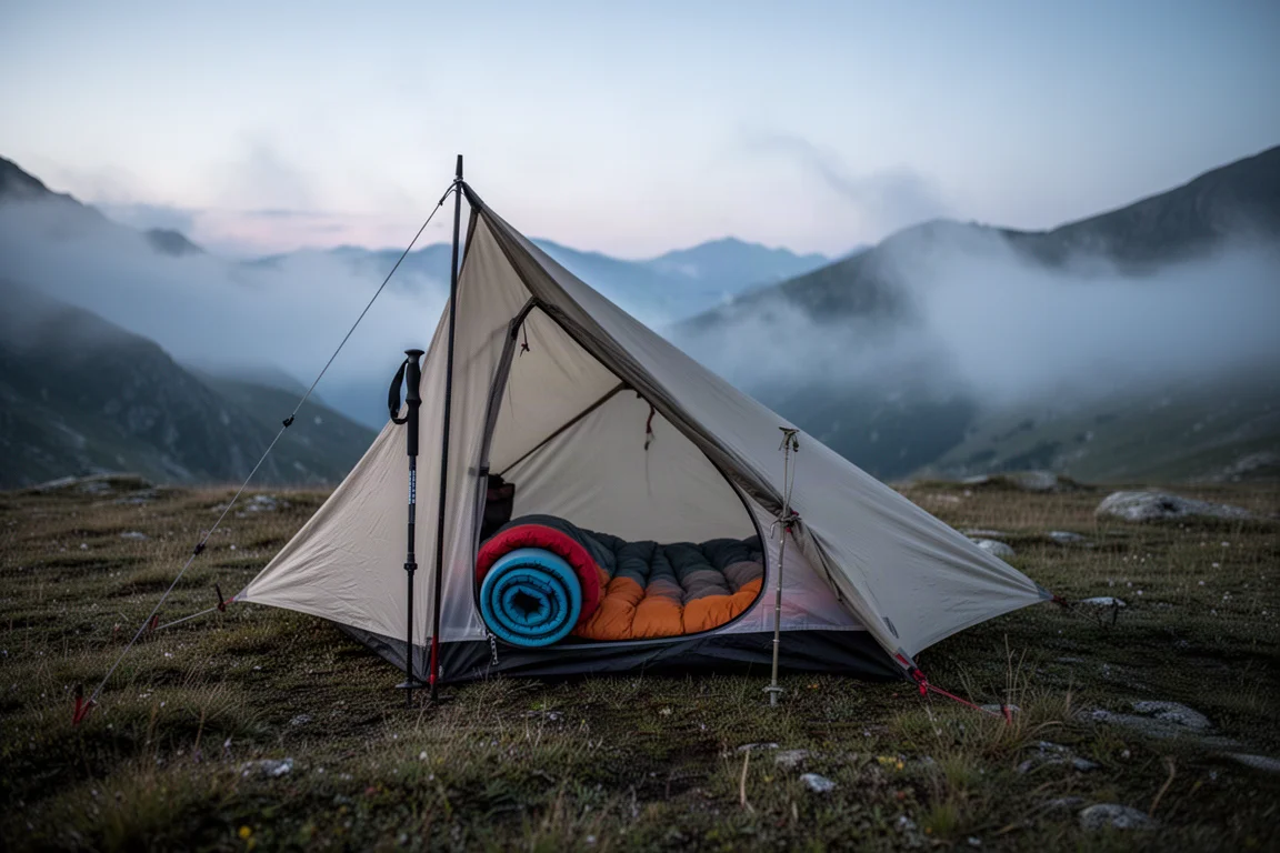 Single-pole trekking shelter pitched on a grassy alpine plateau at dusk
