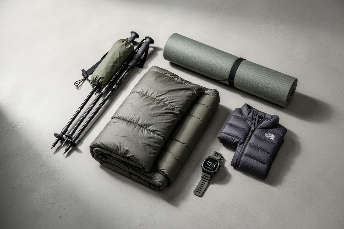 Flat-lay of backpacking gear including a shelter, quilt, sleeping pad, jacket, and smartwatch