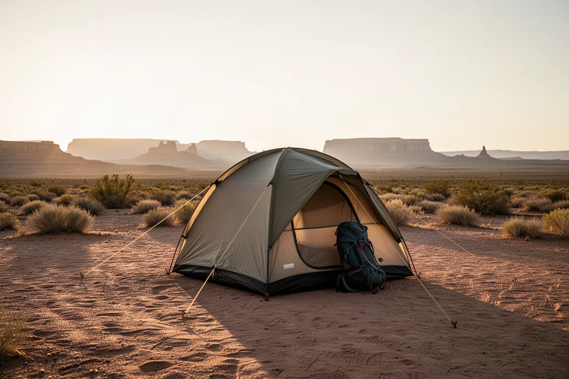 Single-person tent pitched on a sandy campsite at golden hour