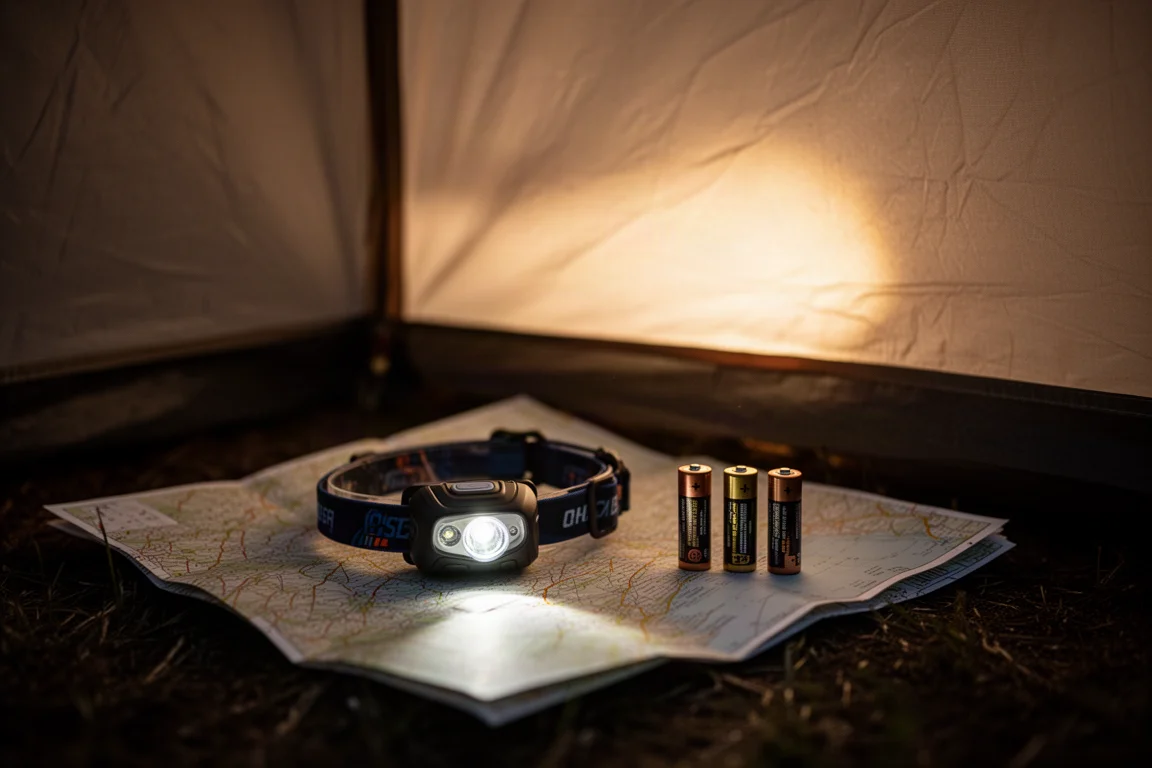 Compact headlamp glowing inside a tent at night beside spare batteries