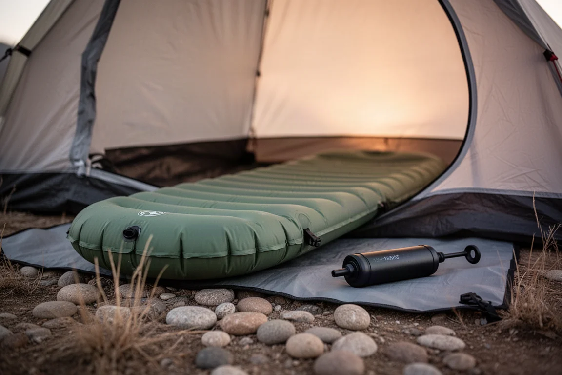 Half-inflated sleeping pad inside a tent vestibule with a small pump
