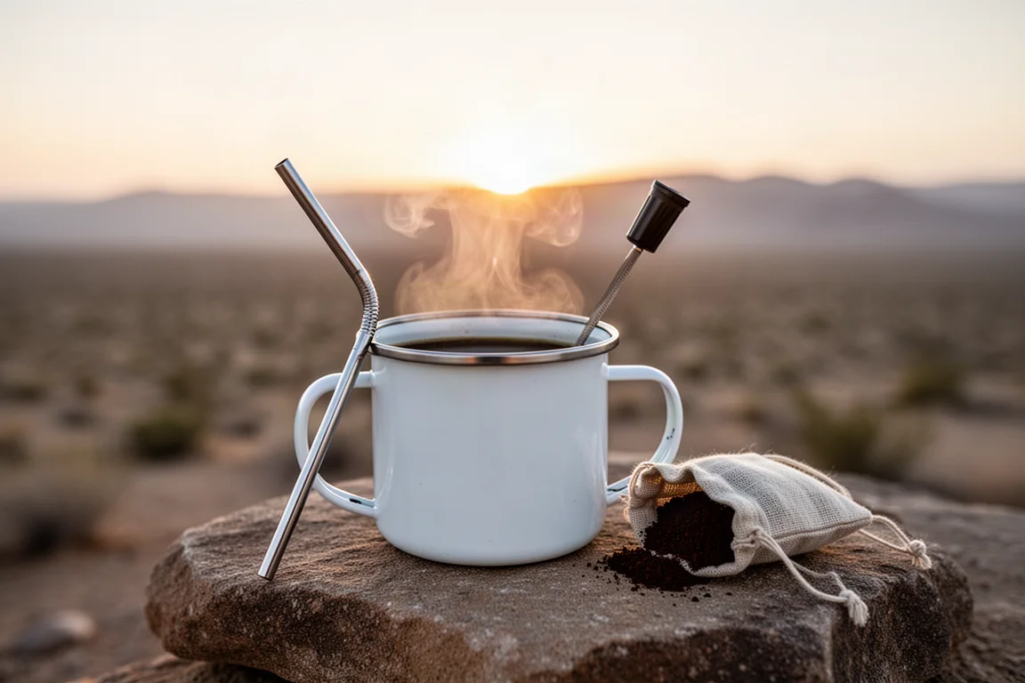 Steaming enamel mug of coffee on a rock at sunrise with a metal straw