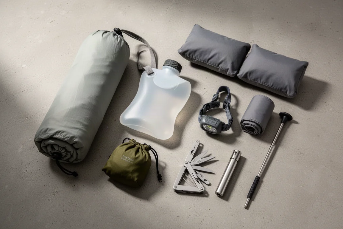 Backpacking gear flat-lay with tent, water container, headlamp, and coffee straw