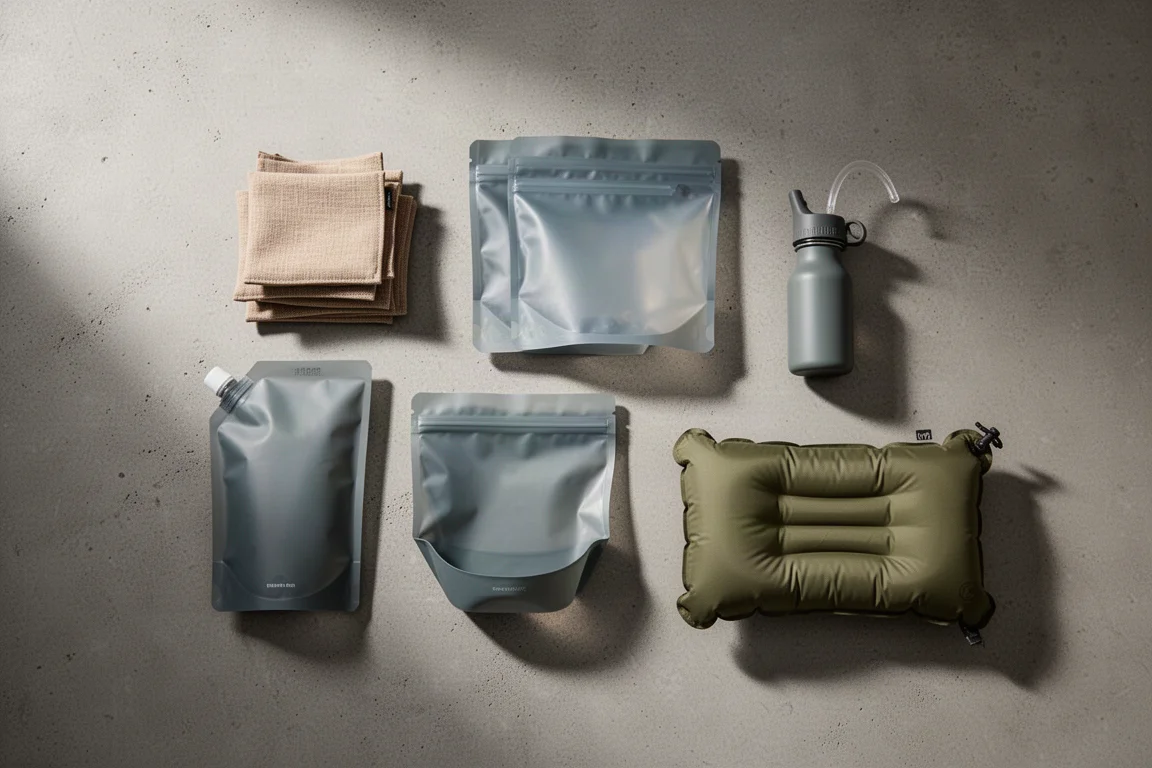 Four lightweight backpacking items arranged in a flat lay on a concrete surface