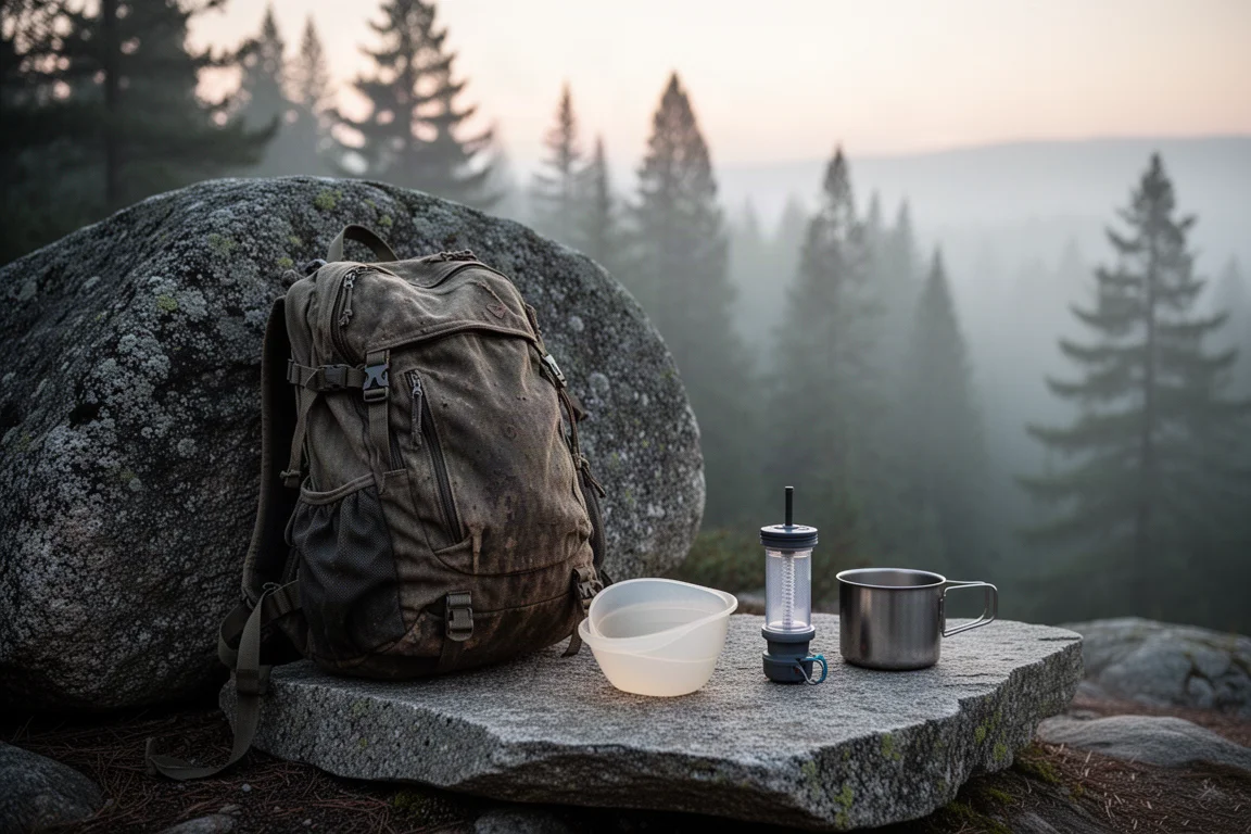 Mochila desgastada junto a una roca de granito al amanecer con pequeños artículos de campamento sobre piedra plana