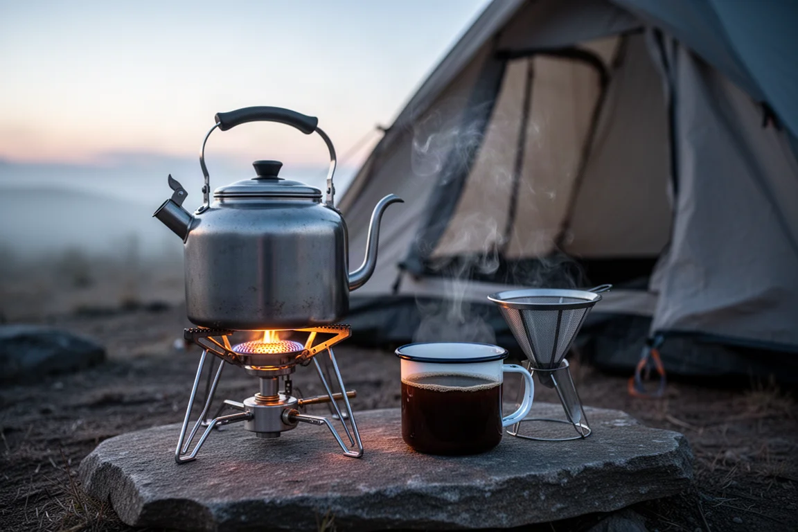 Hornillo de campamento y hervidor al alba con vapor saliendo de una taza de café esmaltada