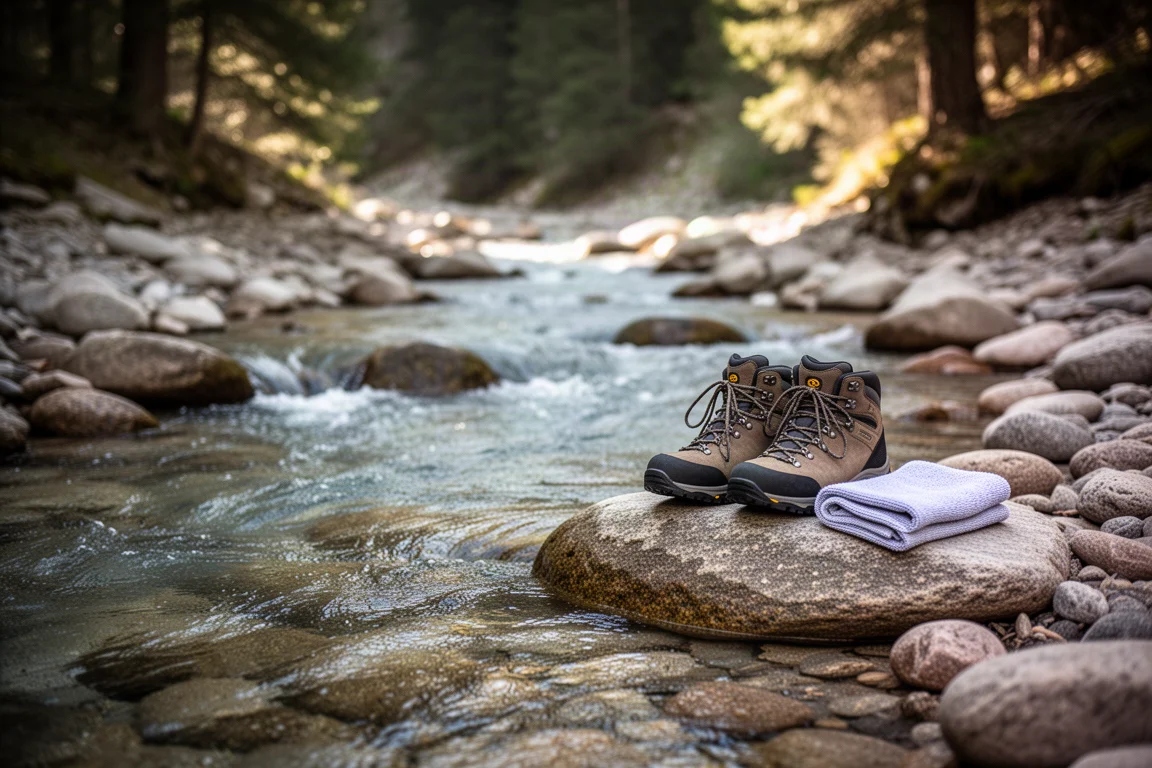 Botas de senderismo y una toalla doblada sobre una roca plana junto a un arroyo de montaña poco profundo