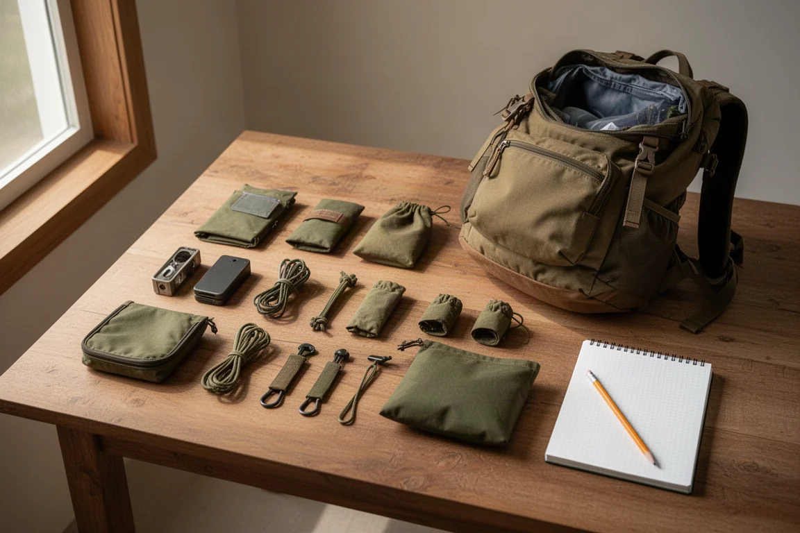 Vista superior de pequeños accesorios de exterior colocados junto a una mochila parcialmente preparada