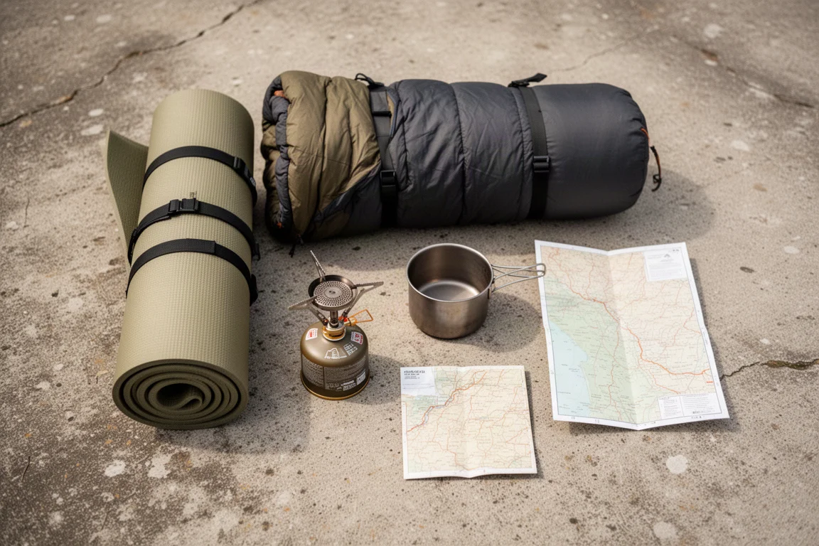 Draufsicht auf ein kompaktes Backpacking-Set, flach ausgelegt auf verwittertem Beton