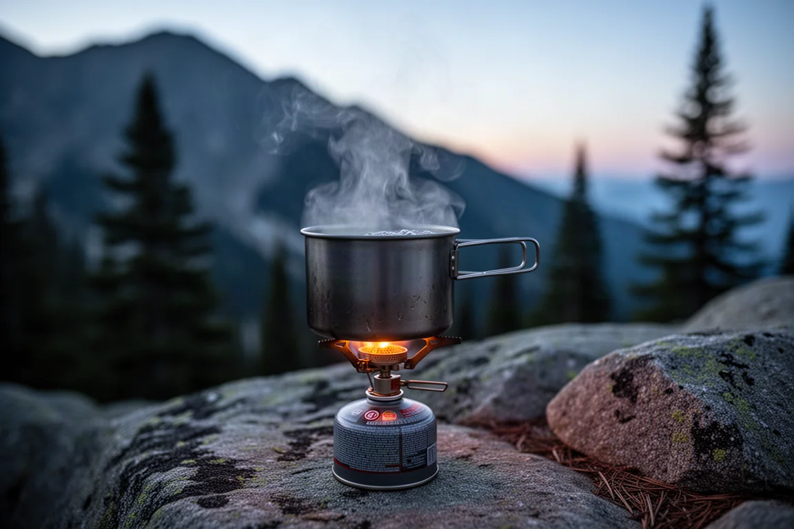 Kleiner Kartuschenkocher, der bei Sonnenaufgang am Campingplatz Wasser kocht, Dampf steigt auf