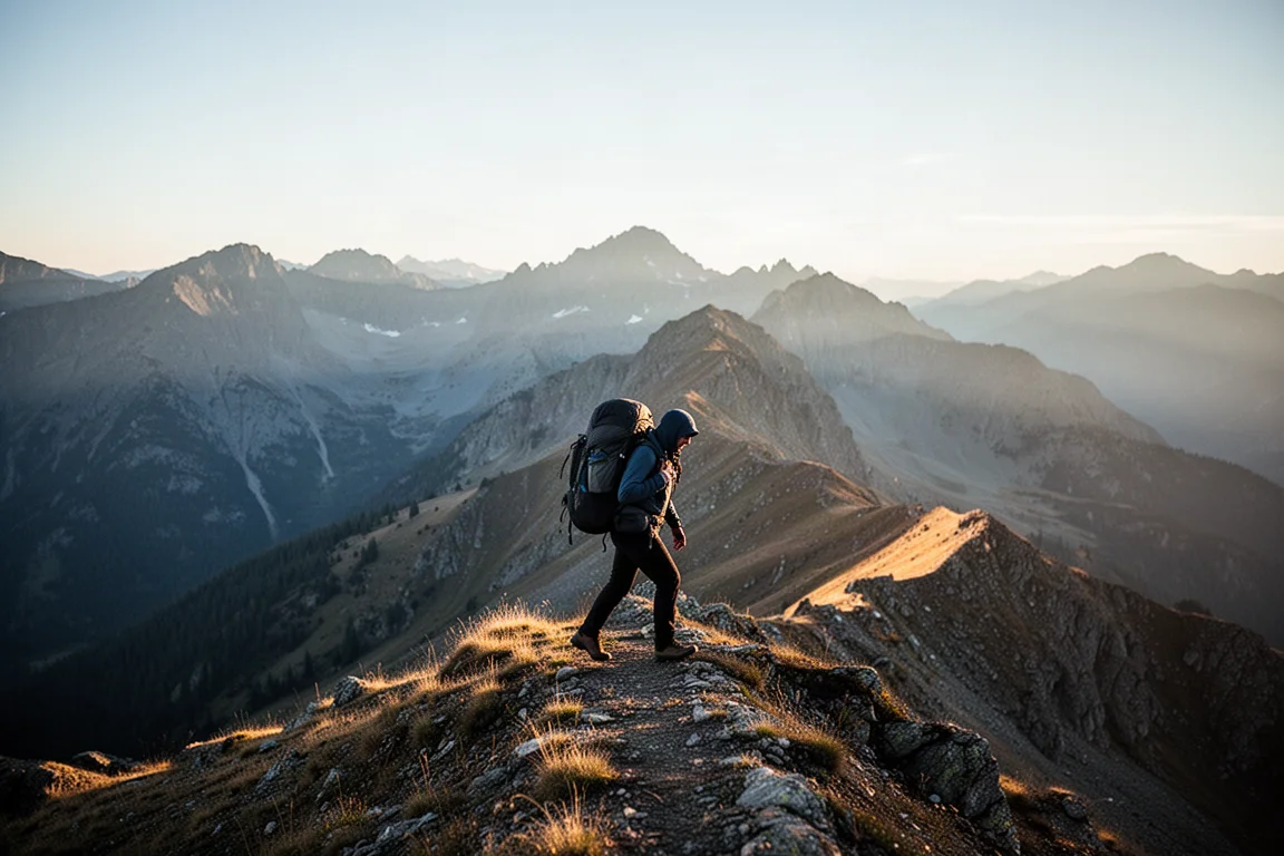 Wanderer mit großem Rucksack überquert im Licht des späten Nachmittags einen Alpengrat