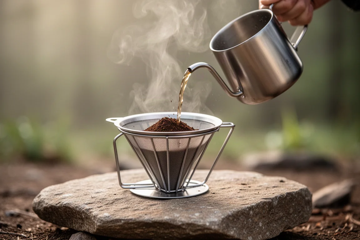 Cono de café de goteo apoyado sobre una taza de titanio en un campamento con luz matutina