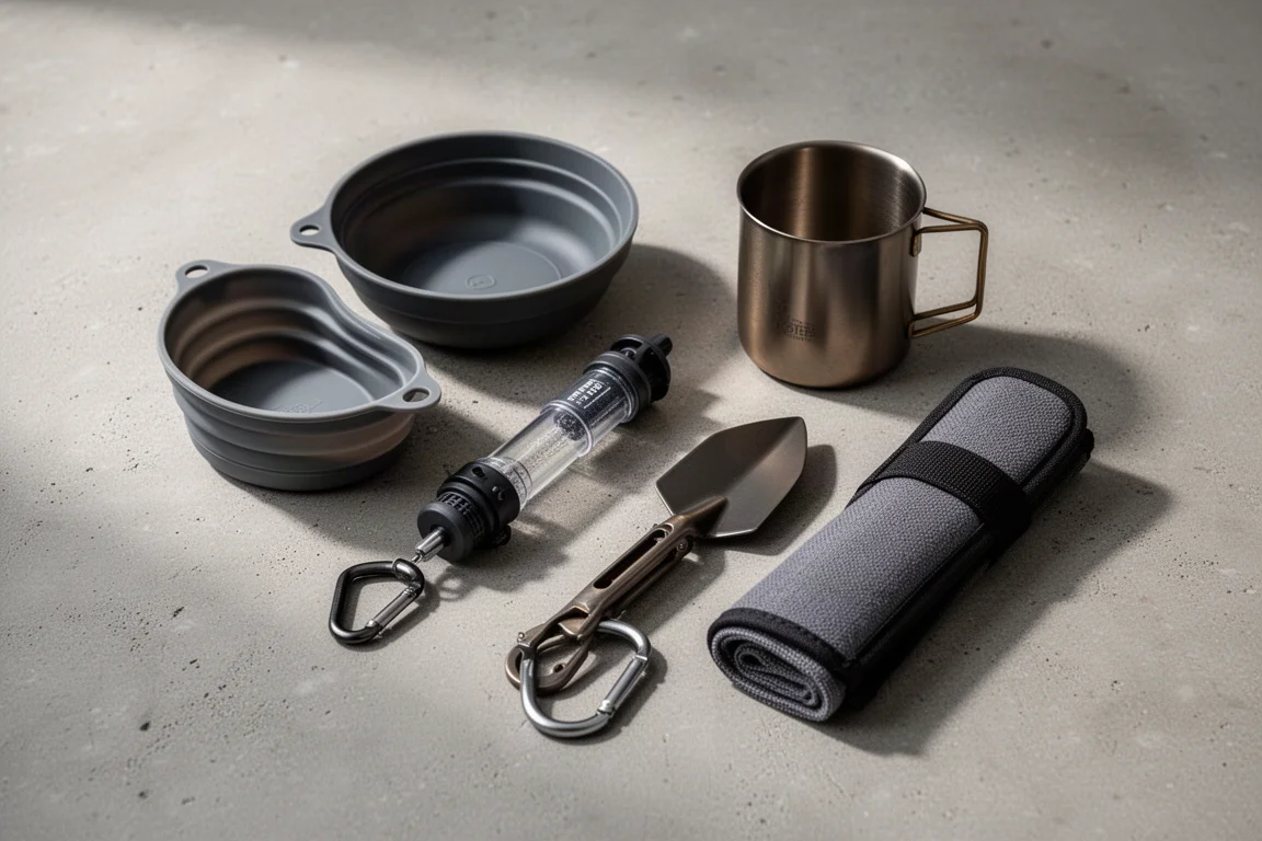Overhead arrangement of small backpacking accessories on a matte concrete surface