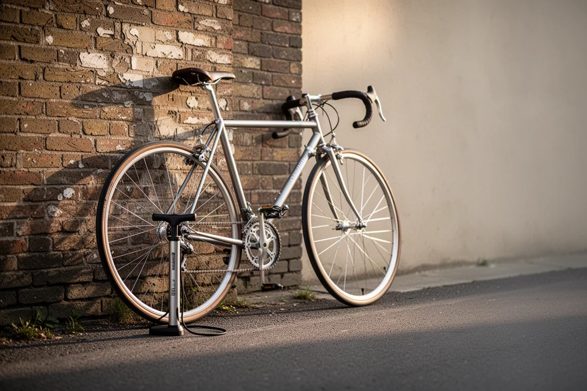 Fahrrad lehnt an einer Backsteinmauer, daneben eine Standpumpe am Vorderrad