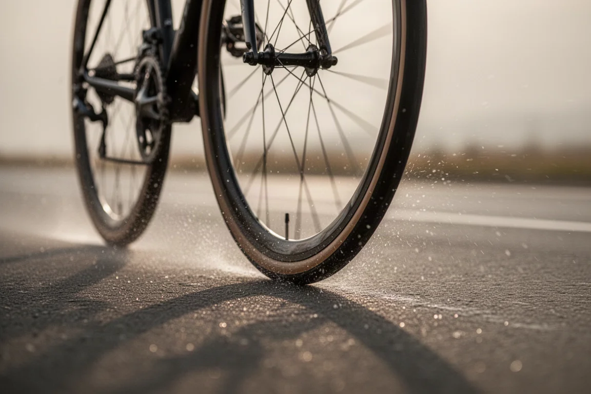 Niedrige Perspektive auf einen Rennradreifen auf Asphalt mit leichtem Wasserspray