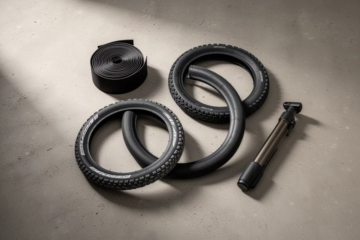Flat lay of handlebar tape, two bicycle tires and a compact hand pump on concrete