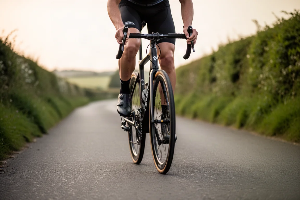 Ciclista de estrada em uma estrada rural tranquila com pneus em foco nítido