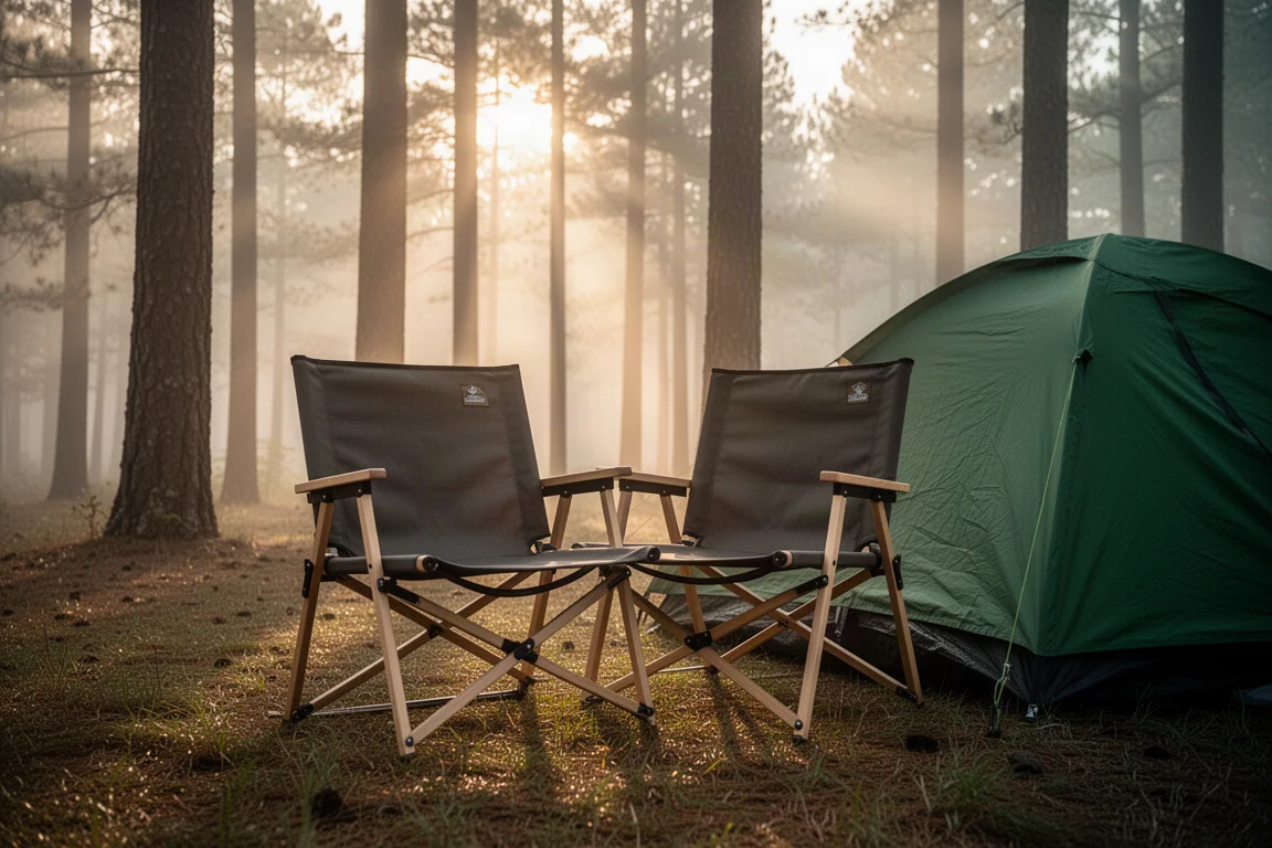 Overmaatse regisseursstoel naast een tent op een boscamping