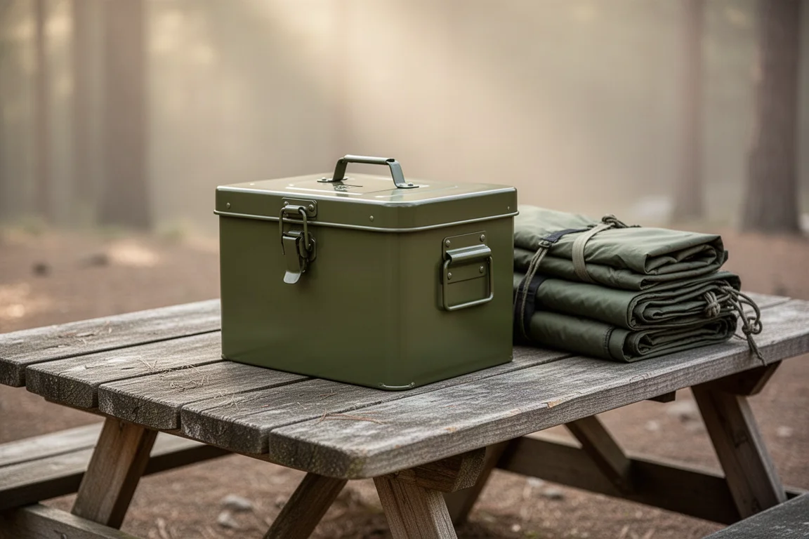 Groene metalen opbergkist met sluitbaar deksel op een picknicktafel op de camping