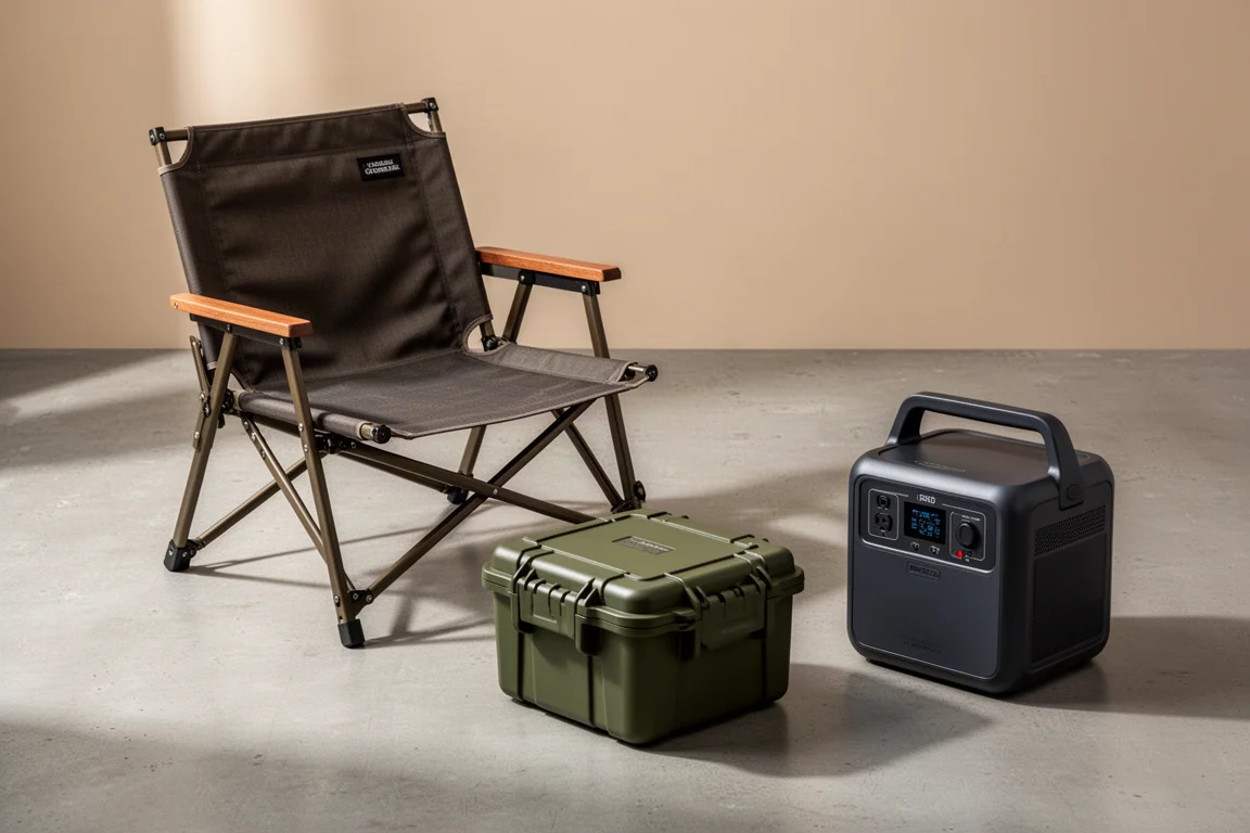 Camping gear flat-lay with a director camp chair, green storage case, and portable power station on concrete