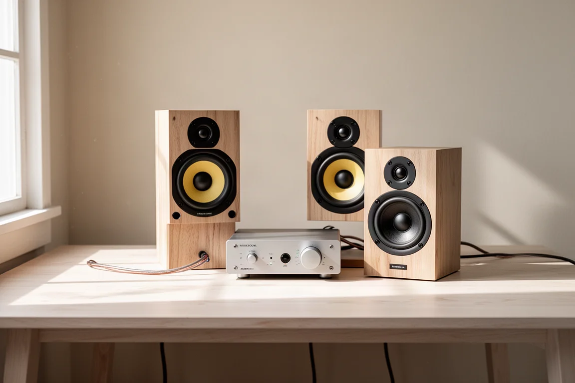 Piccolo amplificatore da scrivania e diffusori da scaffale su una scrivania in legno chiaro