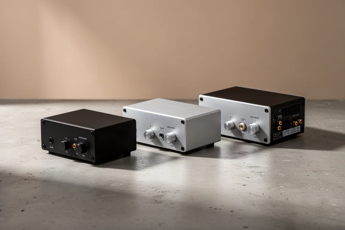 Three compact desktop amplifiers arranged in a row on a concrete surface
