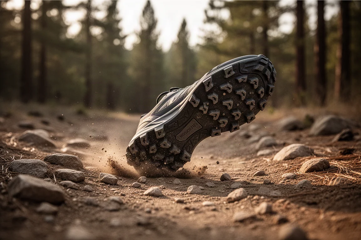 Suola di scarpa da trail running che fa presa su un sentiero sterrato roccioso nella calda luce pomeridiana