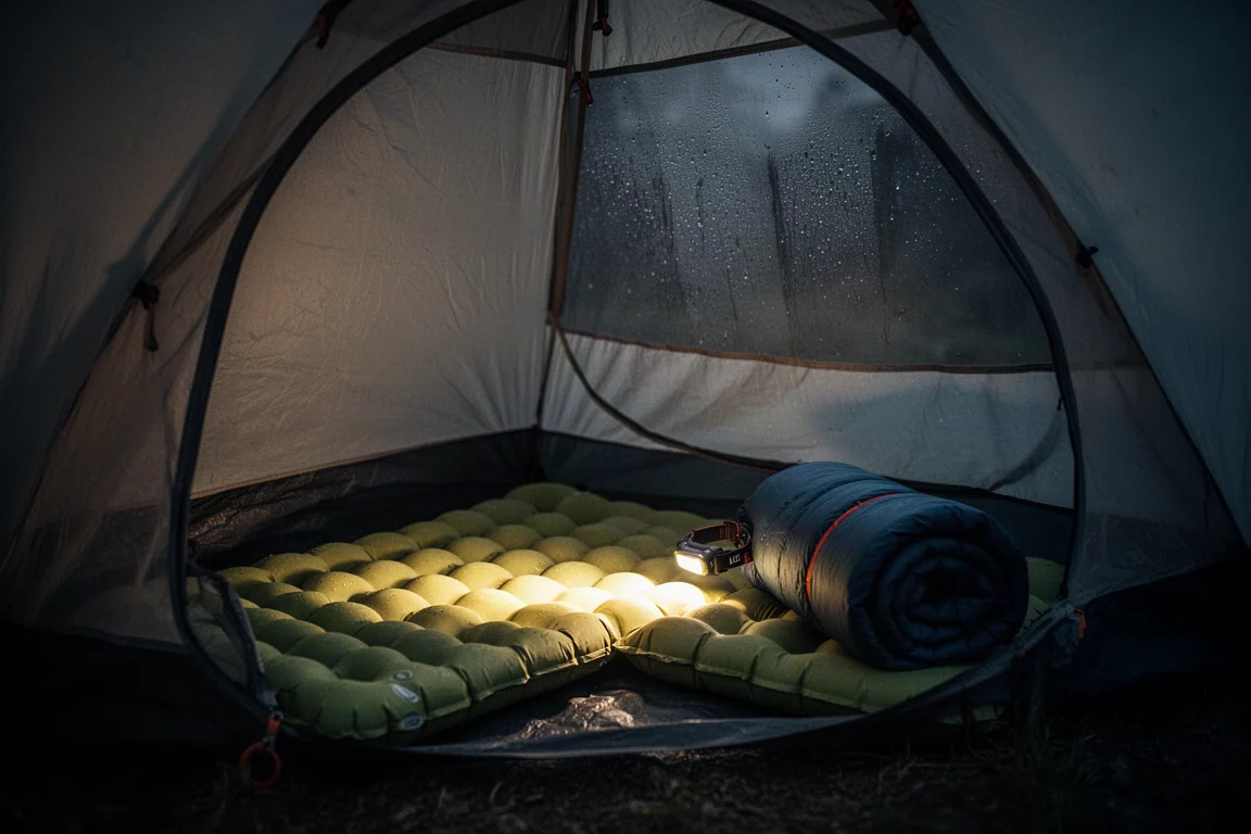 Materassino gonfiabile e sacco a pelo dentro una tenda illuminata da una lampada frontale di notte