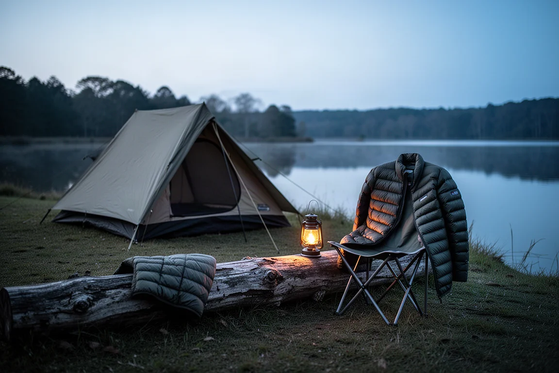 Tenda accanto a un lago al crepuscolo con un piumino appoggiato su un tronco