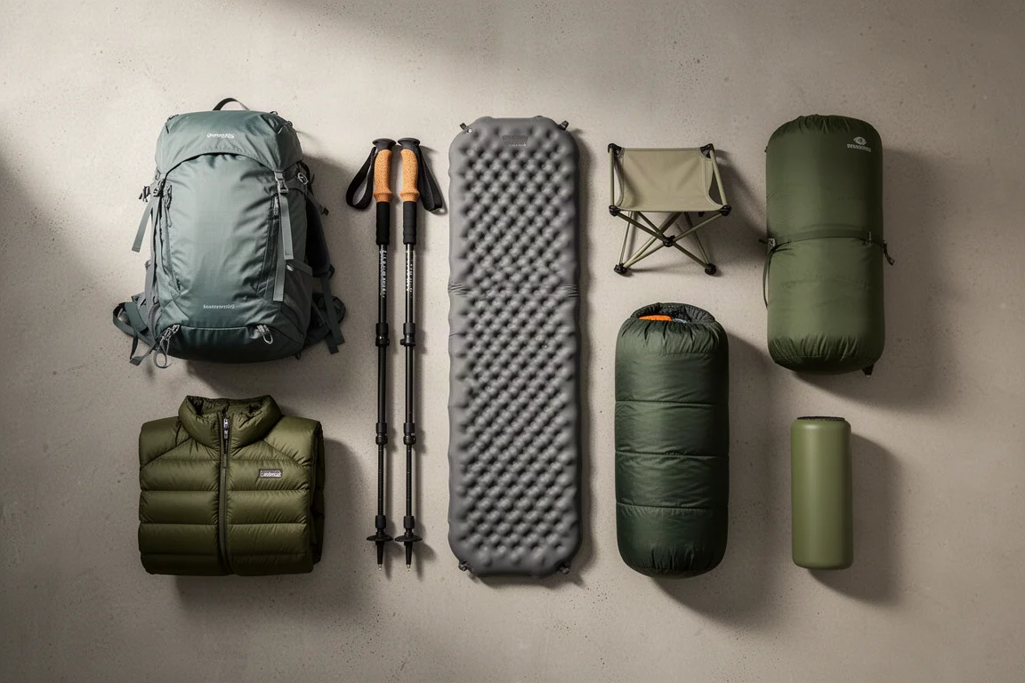 Flat lay of backpacking gear including a pack, trekking poles, camp chair, sleeping pad and down jacket
