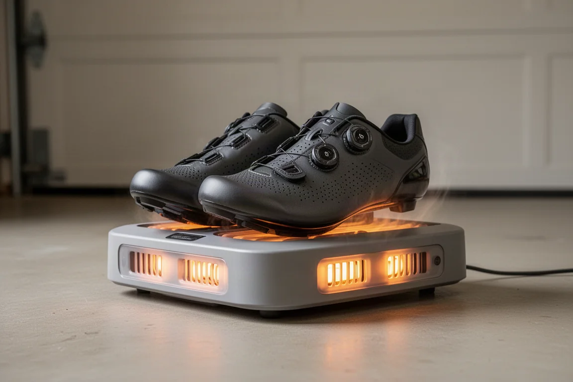 Cycling shoes placed on a shoe dryer with warm air vents