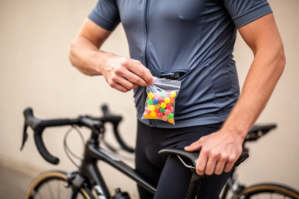Cyclist reaching into a jersey pocket for a bag of sweets