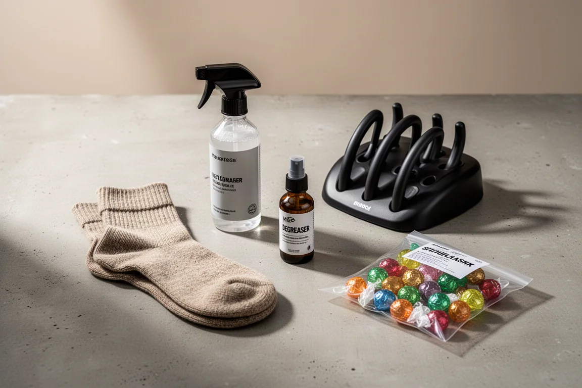 Flat lay of cycling essentials including socks, cleaner, degreaser, shoe dryer, and sweets on concrete