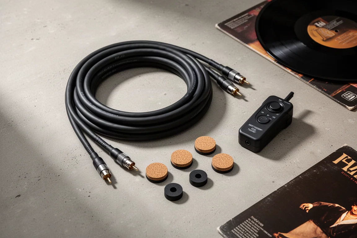 Flat-lay of budget Hi-Fi accessories on a concrete surface with speaker cable and isolation pads