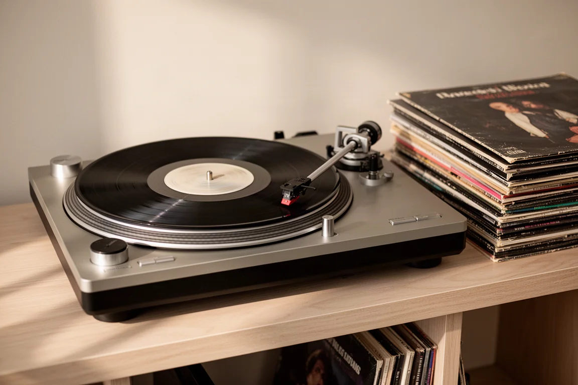 Gramofon z wirującą płytą winylową i stosem winyli na półce