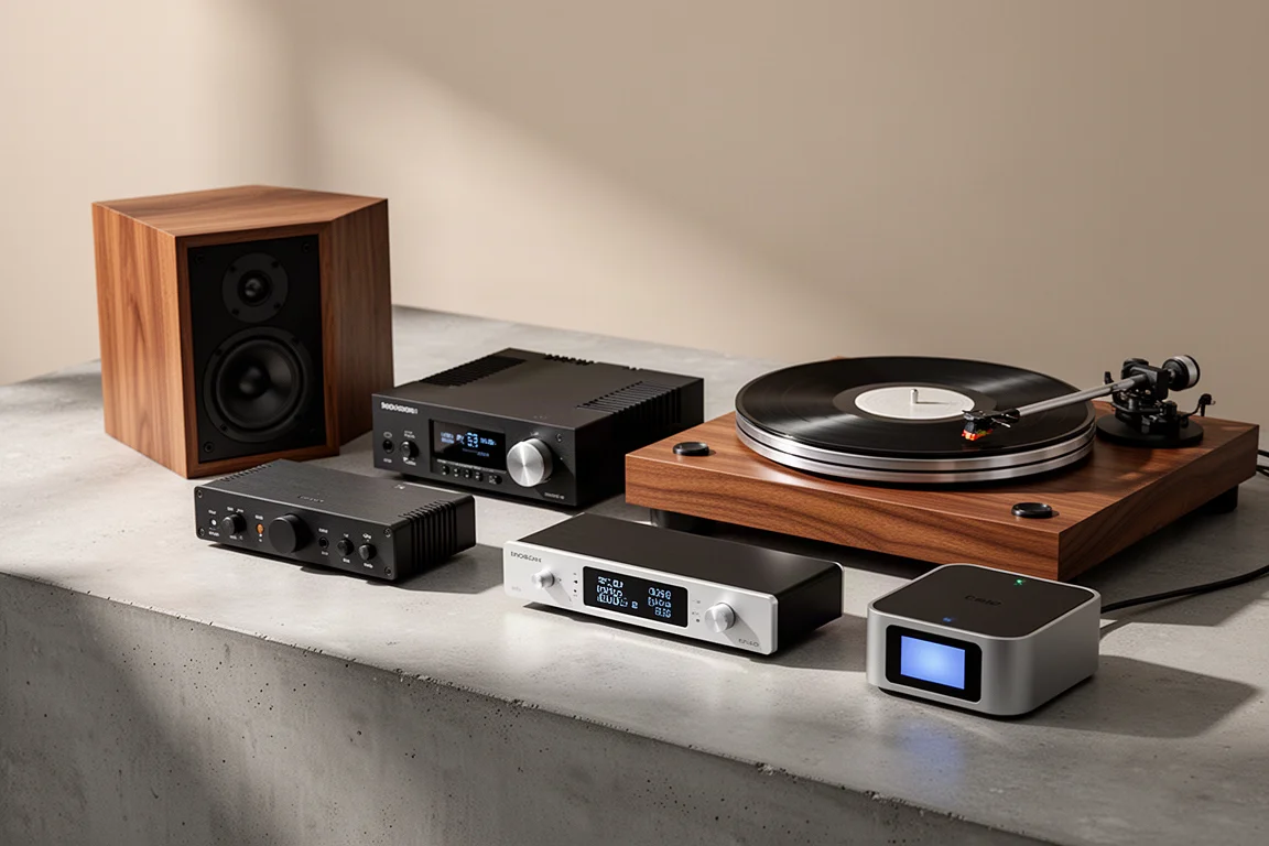 Collection of compact hi-fi audio components on a concrete surface
