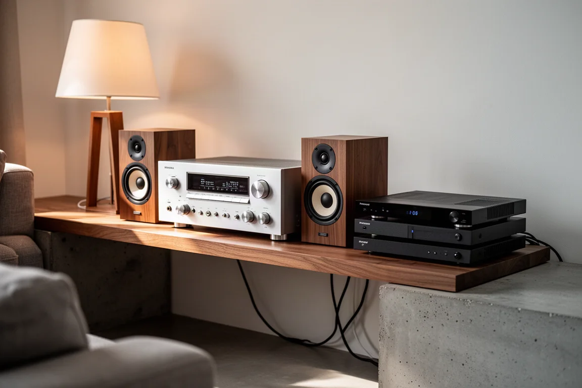 Kompakt hi-fi-hylla med en vintage stereoreceiver, högtalare och små ljudkomponenter