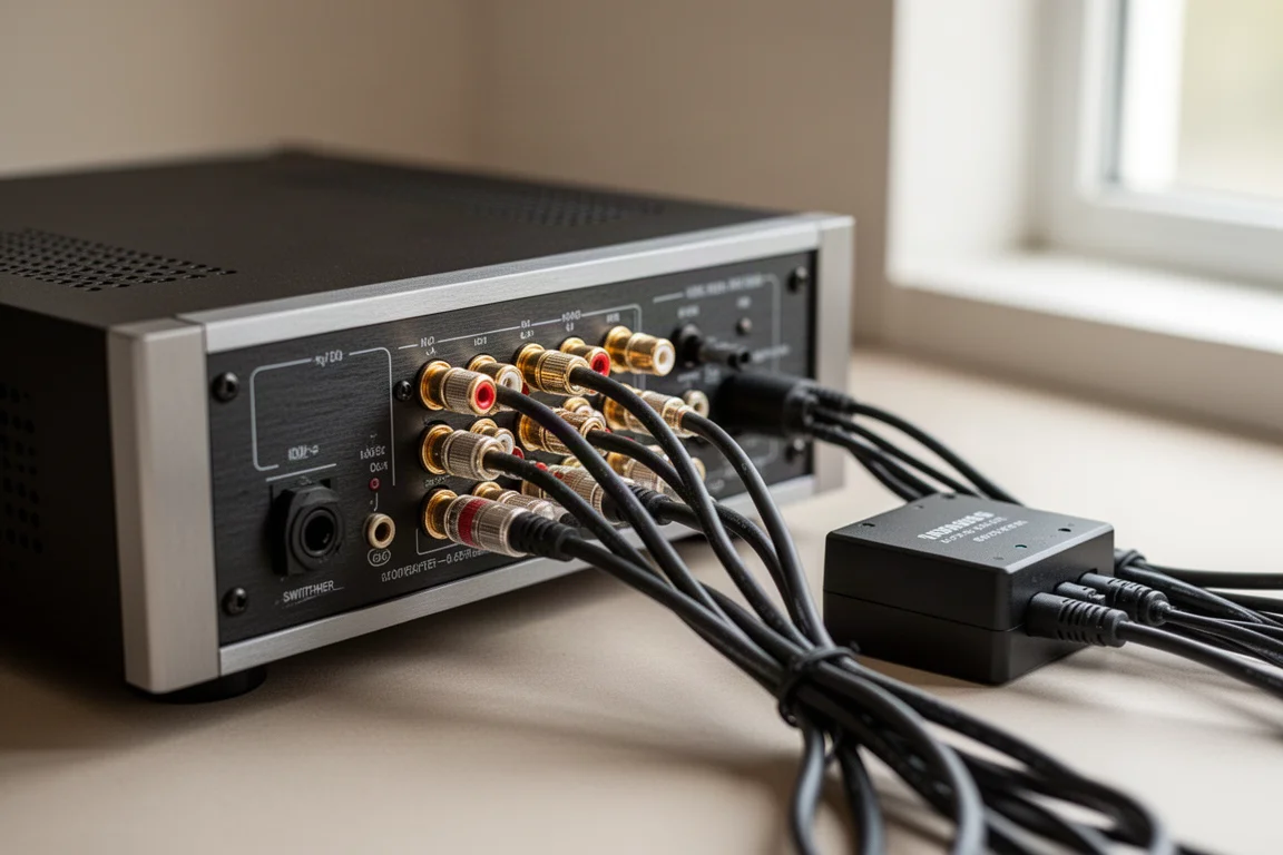 Närbild på RCA-kablar och kontakter på baksidan av en stereoförstärkare