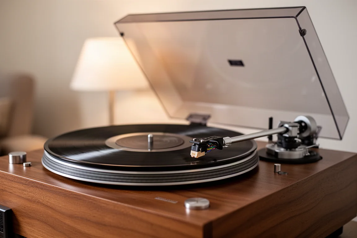 Skivspelare som spelar en vinylskiva i ett varmt upplyst vardagsrum
