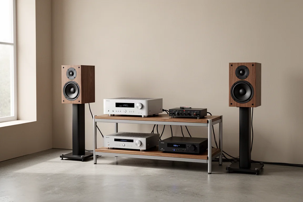 Bred bild av ett prydligt hi-fi-rack med förstärkare, högtalare och små komponenter