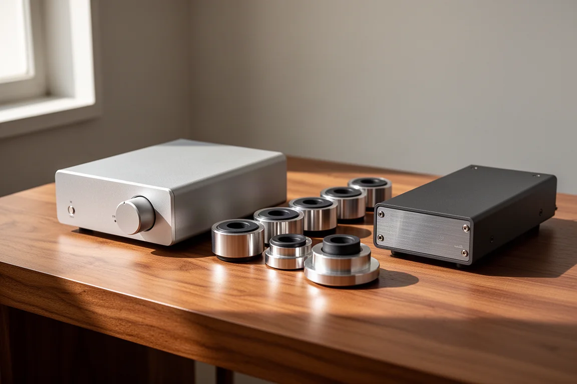 Compact desktop DAC, isolation pucks and phono preamp arranged on a warm oak surface