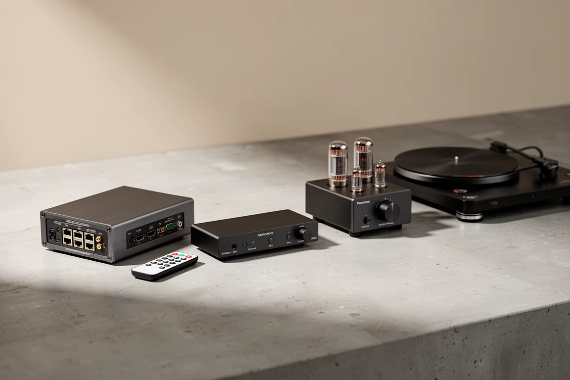 Five small hi-fi components arranged on a matte concrete surface in soft studio light