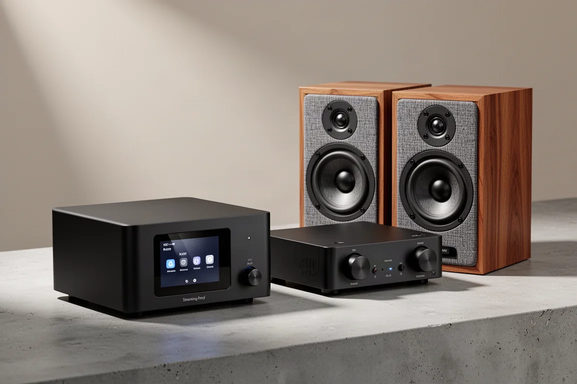 Compact streamer, integrated amplifier and small bookshelf speakers arranged on concrete