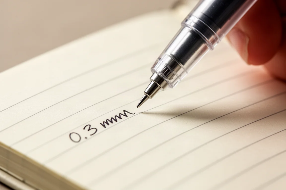 Bardzo cienki żelowy długopis 0.3 mm piszący drobne, równe notatki na papierze w linie